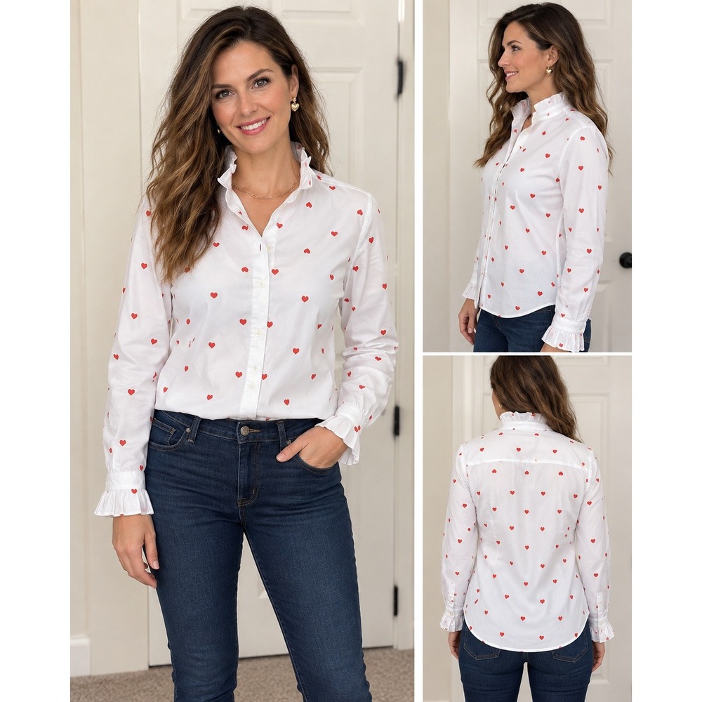 J.Crew Ruffle Collar Heart Print Cotton Blend Shirt White Red XL CP941 NEW $98